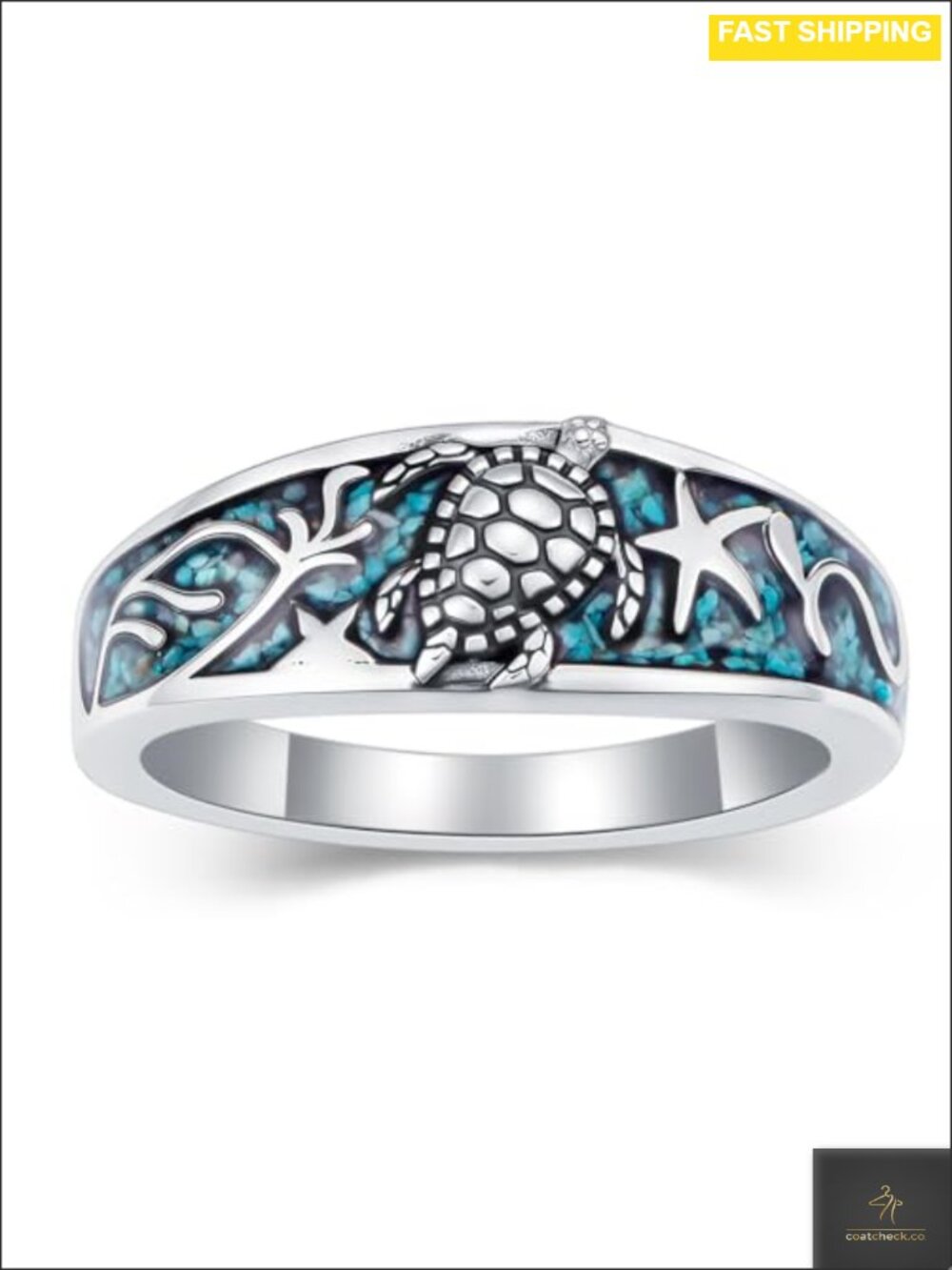 925 Sterling Silver Turquoise Ring Handcrafted Sea Turtle Pave Band